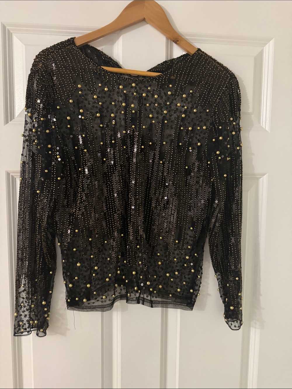 Beaded Black Sequin Long-Sleeve Top
